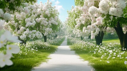 Serene pathway through blooming trees in a picturesque garden during a sunny day in springtime
