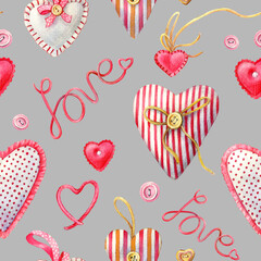 Watercolor seamless pattern of handmade hearts. Seamless pattern for wedding or Valentine's day.