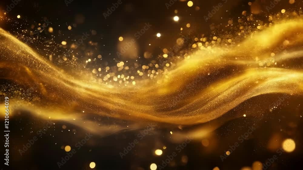 Poster golden light particles flow with smooth motion and sparkling waves