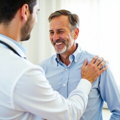 Obraz premium Doctor and patient share a moment of comfort and reassurance during a medical consultation. A positive and supportive healthcare interaction.