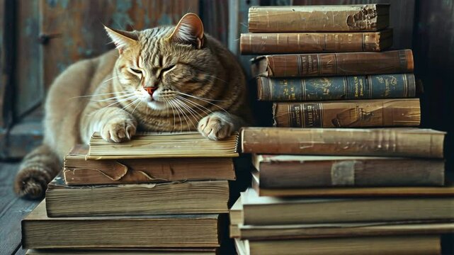 Cozy Relaxation with Feline Warm Atmosphere of Vintage Books and Literature for Tranquil Reading Moments
