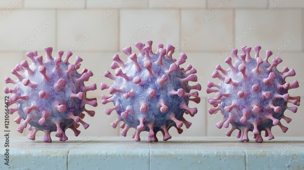 Poster three 3d rendered virus models on a tiled surface.