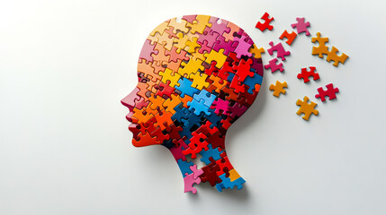 Colorful puzzle pieces depict a human head, illustrating creativity and complexity in thought processes