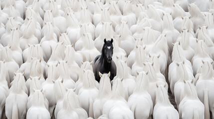 Fototapeta premium A powerful black horse stands out in a sea of white horses.