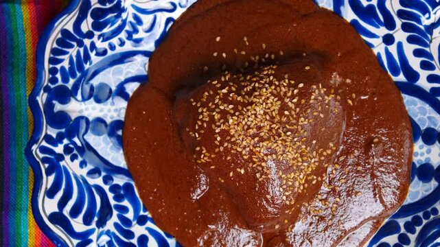 Macro view of mole poblano, mexican food, rotating camera