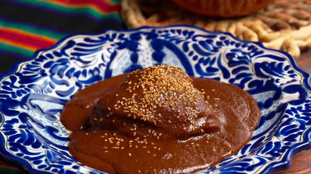 Mexican cuisine, traditional mole poblano on a talavera plate