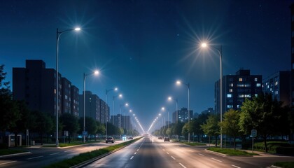 City street at night illuminated by energy-efficient smart streetlights. Modern architecture, trees line road. Vehicles move smoothly on road. Eco-friendly lighting system reduces energy consumption.