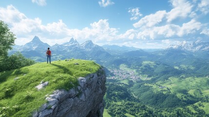 Fototapeta premium Enjoying a breathtaking view from a cliff in a picturesque mountain landscape on a sunny day