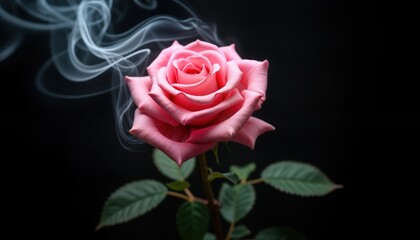 Fototapeta premium Pink rose surrounded by smoke on black background. Beautiful flower with elegant petals. Soft lighting highlights rose details. Romantic, delicate image. Nature image perfect for love beauty themes.