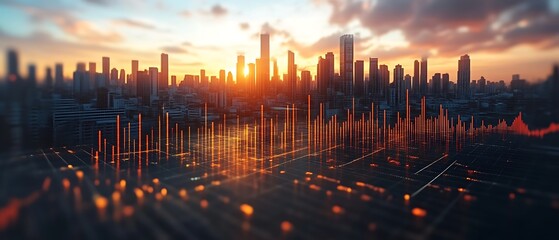 Cityscape sunset with data overlay.