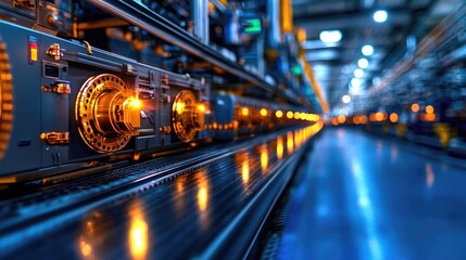 Naklejka premium Automated factory production line, glowing lights, industrial background; for manufacturing concepts