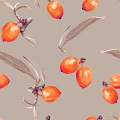 Seamless Watercolor Botanical Pattern of Sea Buckthorn Branches with Orange Berries and Green 