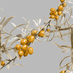 Seamless Watercolor Botanical Pattern of Sea Buckthorn Branches with Orange Berries and Green Leaves Isolated on White