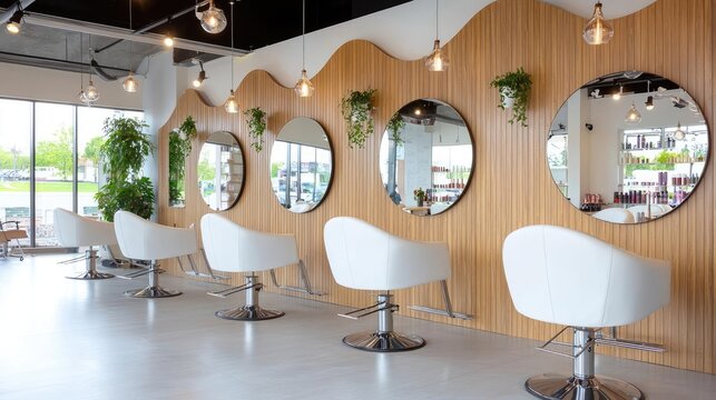 Modern hair salon interior with stylish chairs and mirrors - Powered by Adobe