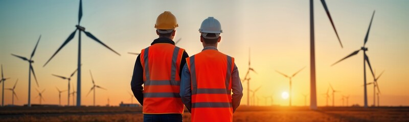 Two engineers in safety gear inspect wind turbines in field at sunset. Focus on renewable energy solutions. Teamwork evident in sustainable energy initiative. Landscape golden, orange during