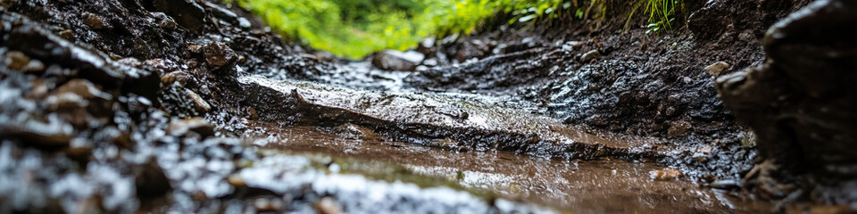 Fototapeta premium Muddy Streambed with Rocks and Vegetation