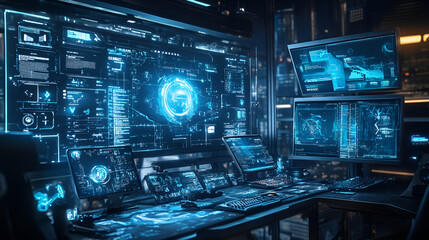 Obraz premium A gamers workspace featuring holographic leaderboard