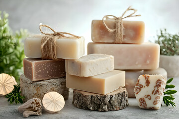 A set of natural soaps displayed on a soft background, ideal for organic or handmade product branding.