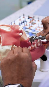 Dental prosthesis in the hands of the doctor close-up. Dentist holding ceramic dental bridge. Front view of complete denture. Dentistry conceptual photo. Prosthetic dentistry. False teeth