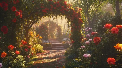 A beautiful garden filled with roses of all colors and shapes.