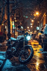 vertical image motorcycle parked on night city street, with streetlights and snowfall on wet asphalt, urban winter scene