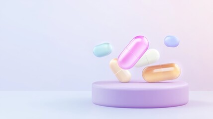 Floating capsules in a minimalist studio setting highlighting healthcare and medicine concepts