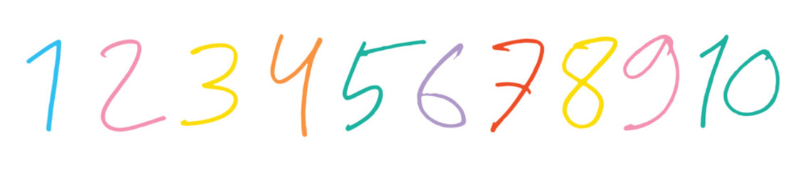Colorful Hand-Drawn Numbers 1 to 10 on White Background