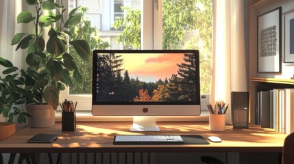 Fototapeta premium A home workspace with a computer on a wooden desk