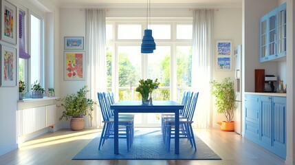 Fototapeta premium A bright and modern dining room with a blue table and chairs.