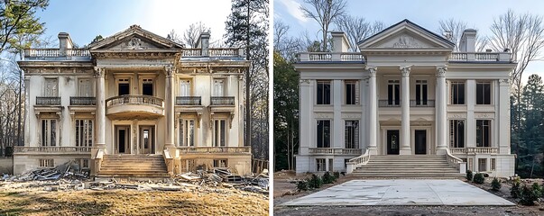 Real estate mansion before and after restoration with luxury finishes added