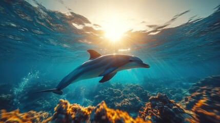 Fototapeta premium Dolphin swimming in ocean at sunset.