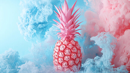 Pink Pastel Pineapple on Light Blue Background with Paint Clouds