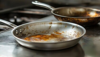 A shiny stainless steel frying pan contrasted with its dirty, greasy counterpart, emphasizing cleaning efficiency.