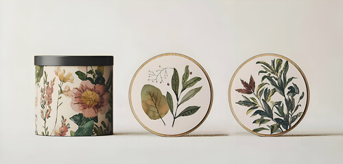 A set of three round sticker mockups with different designs, perfect for branding or packaging displays.