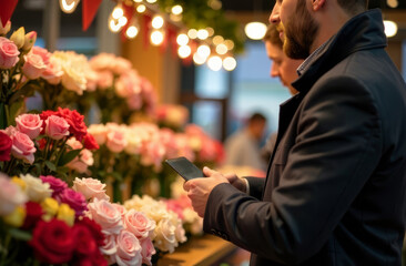 Close up man in a flower shop buys a bouquet for the holiday