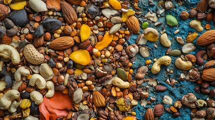 A colorful mix of walnuts, cashews, hazelnuts, and almonds, this image shows the variety of nuts and their natural textures.