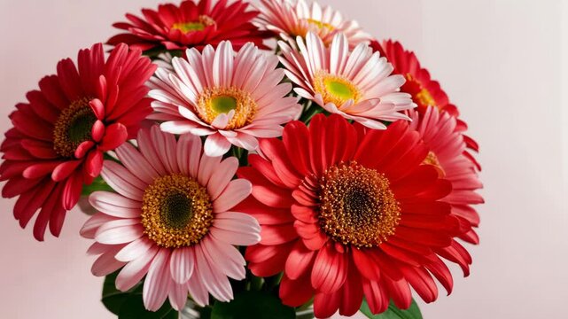 Cute bouquet of flowers on table in living room. Beautiful red and pink gerberas in close-up. Banner or greeting card with delicate pastel background