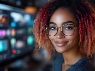 Smiling woman with red hair and glasses.