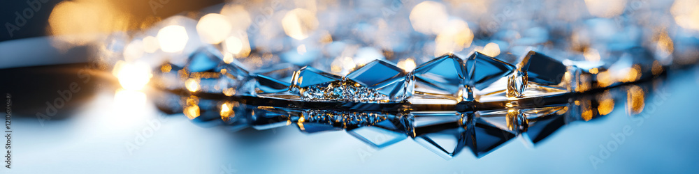 Poster reflective surface with faceted crystalline objects and bokeh lighting