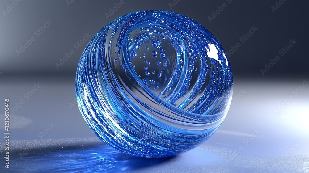 Poster a 3d ball that seems to float is made of moving particles. its deep blue colors and bright lines cre