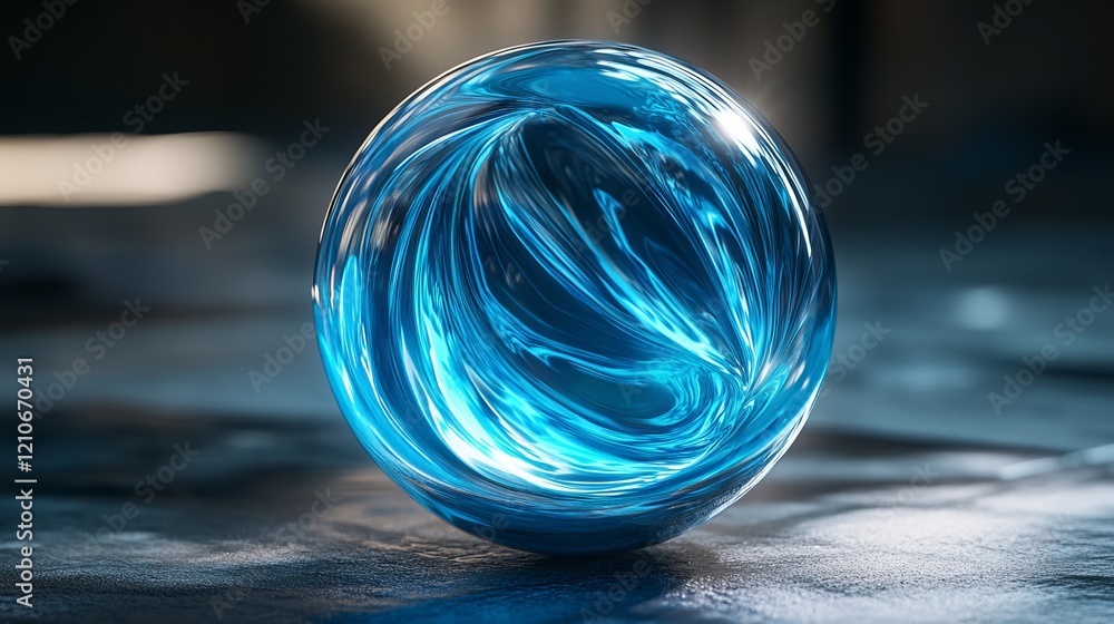Poster a 3d ball that seems to float is made of moving particles. its deep blue colors and bright lines cre