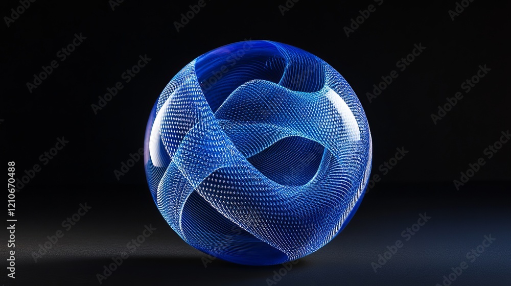 Poster a 3d ball that seems to float is made of moving particles. its deep blue colors and bright lines cre