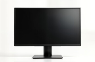 Modern black LCD monitor presented front view. Empty screen shows copy space. Flat panel design stands on pedestal. Elegant tech equipment. Ideal for tech products, digital design presentations.