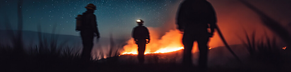 Fototapeta premium Firefighters at Night, Wildfire Scene