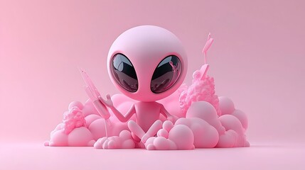 Pink alien using tablet in pink cloudscape, digital art