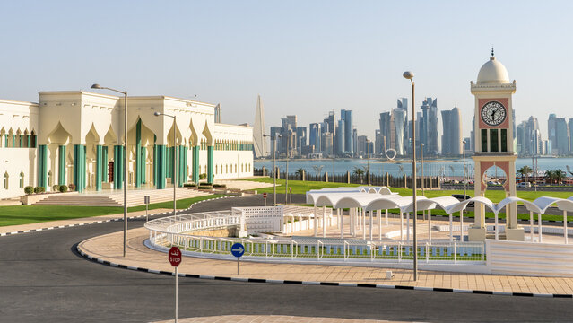 The view of Amiri Diwan government complex and Musheireb Mosque from the Corniche promenade in Doha, Qatar