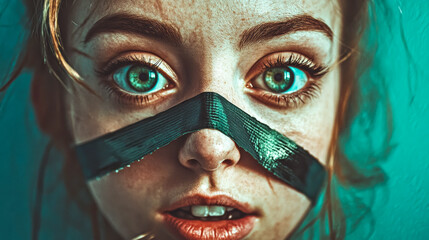 Fototapeta premium Young person with striking blue eyes and black tape across face expressing strong emotions in a creative artistic portrait