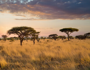 Obraz premium The African savanna landscape features iconic acacia trees scattered across golden grasslands under a dramatic sunset sky.