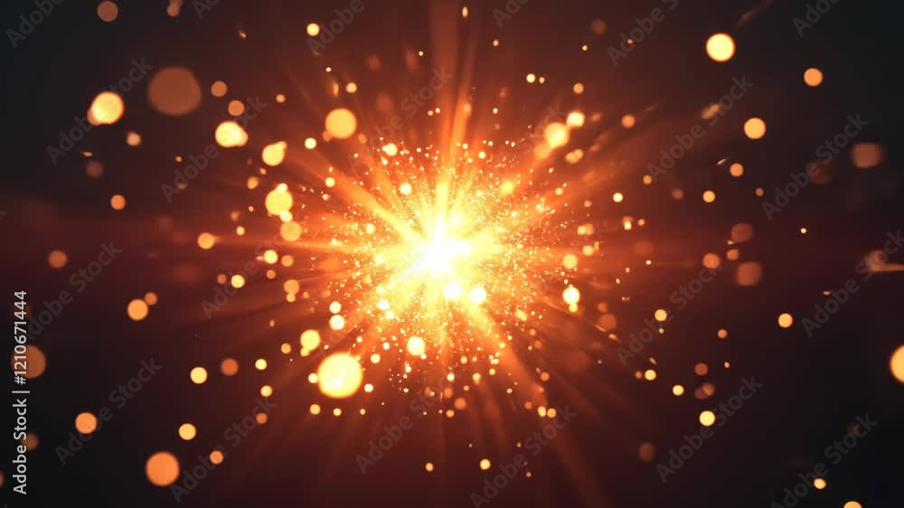 Poster bright explosion of light with golden particles illuminating the dark background