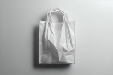 A simple white plastic bag with a blank label, perfect for showcasing minimalist packaging or branding designs.